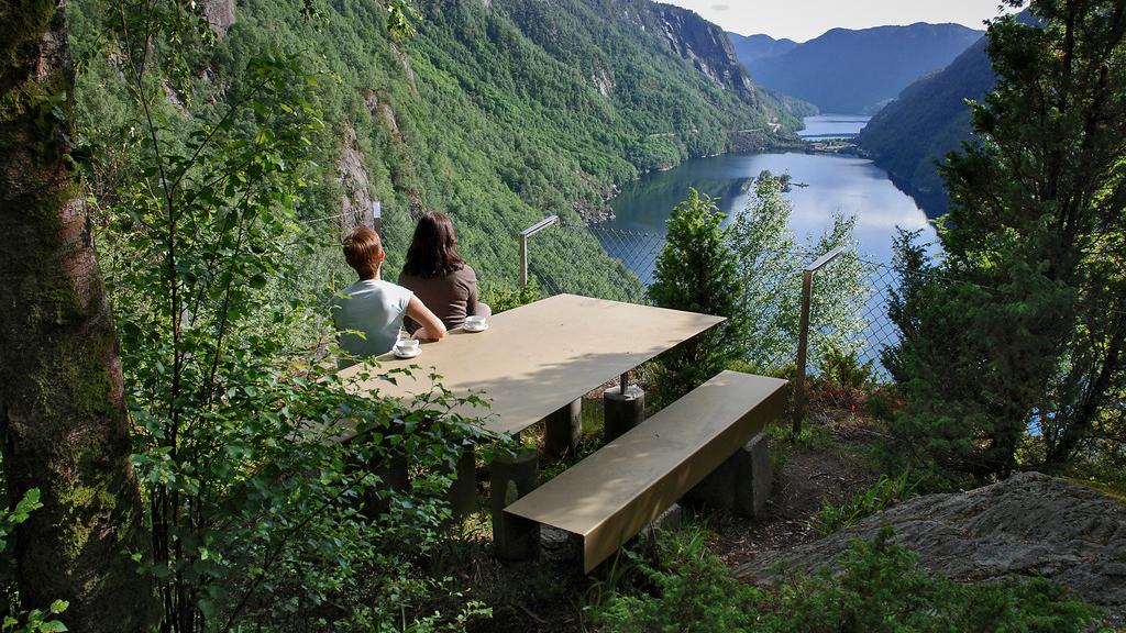 People enjoying the view of the Lovrafjord.