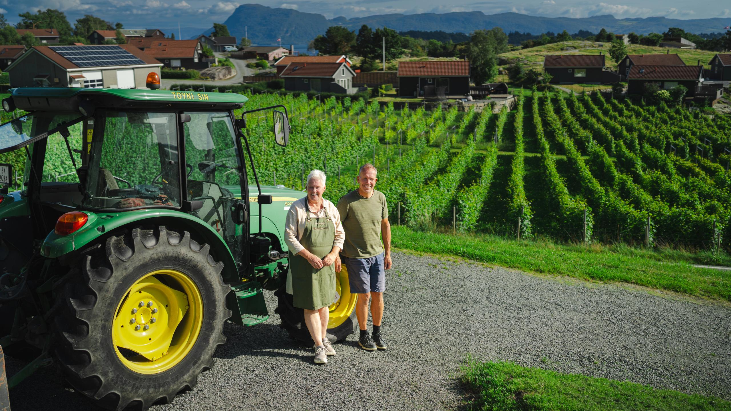 People stood by a tractor in front of a vinyard.