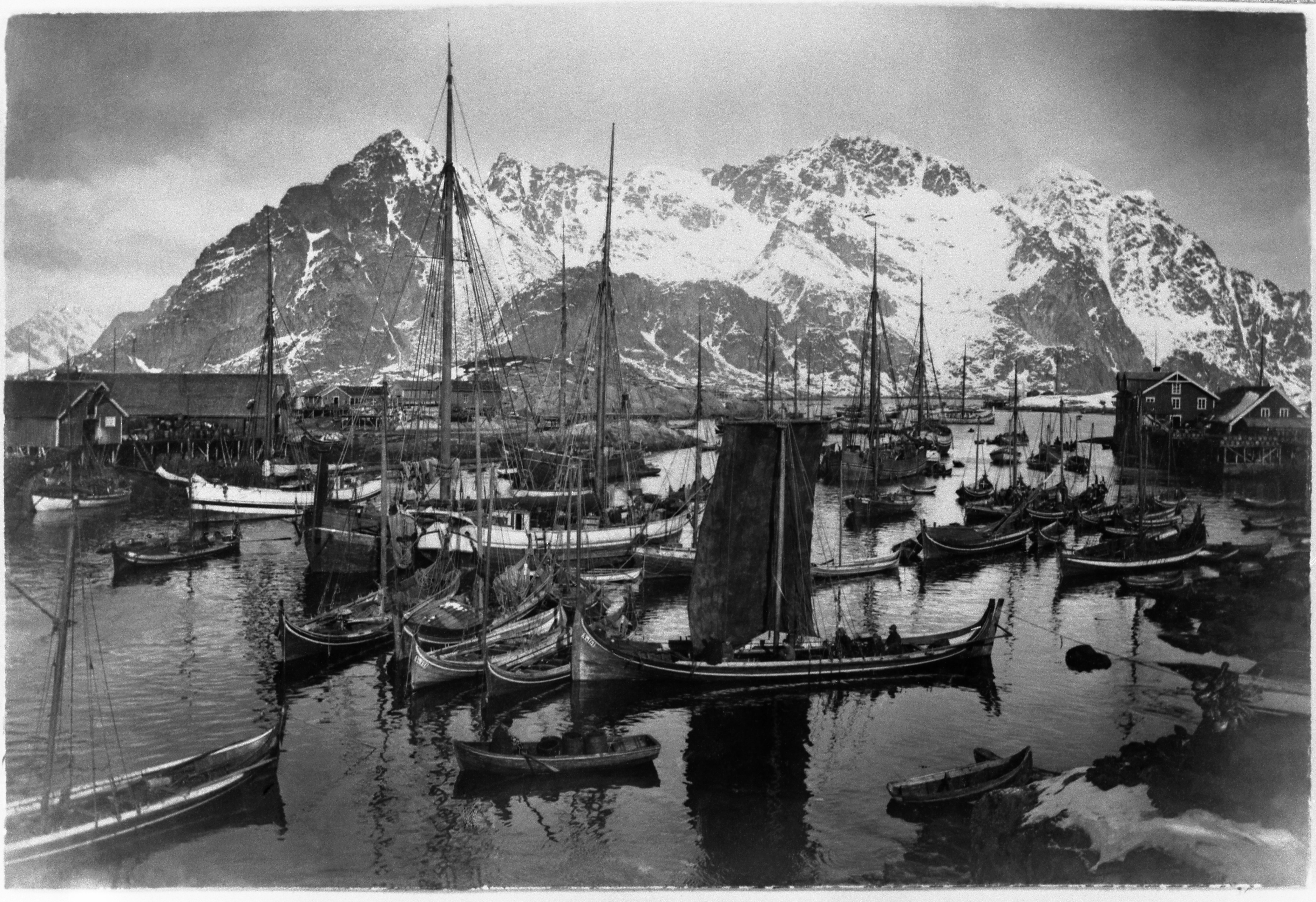 Black and white image of fishing boats in Lofoten in Northern Norway around year 1900