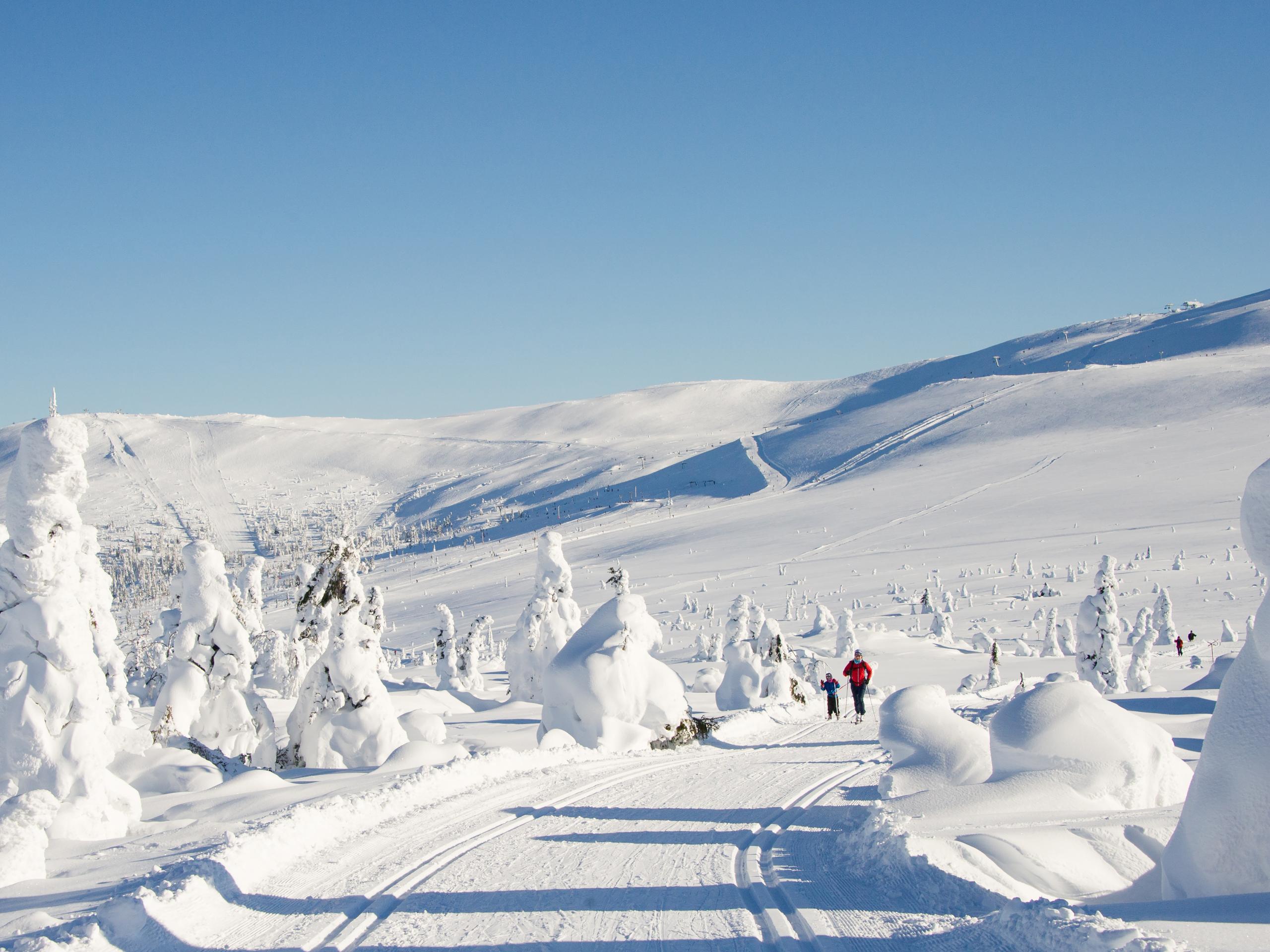 A mother and her child enjoy cross country skiing in the winter wonderland of Trysil, Eastern Norway