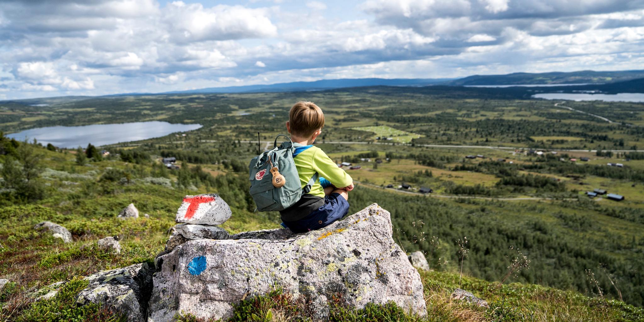 Boy sitting on a rock enjoying the view in Valdres, Eastern Norway