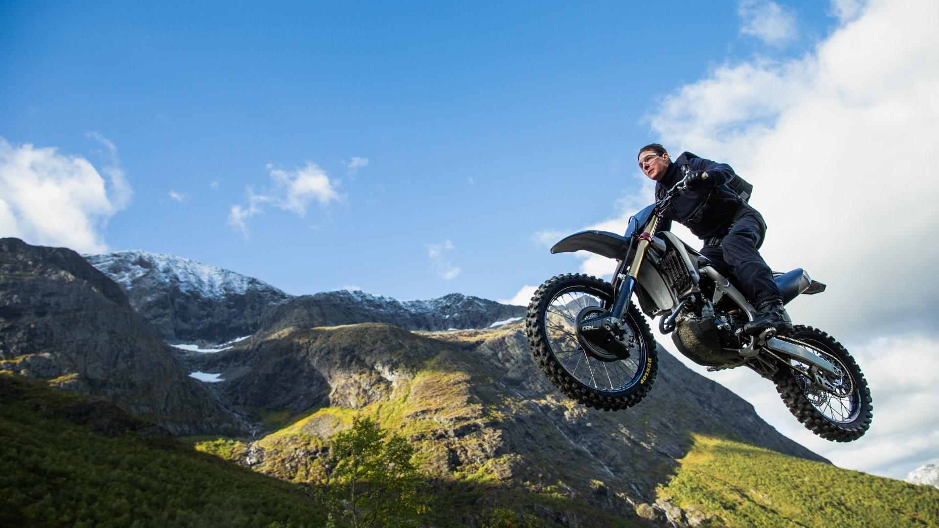 Tom Cruise riding a motorbike in Hellesylt in Sunnmøre, Fjord Norway