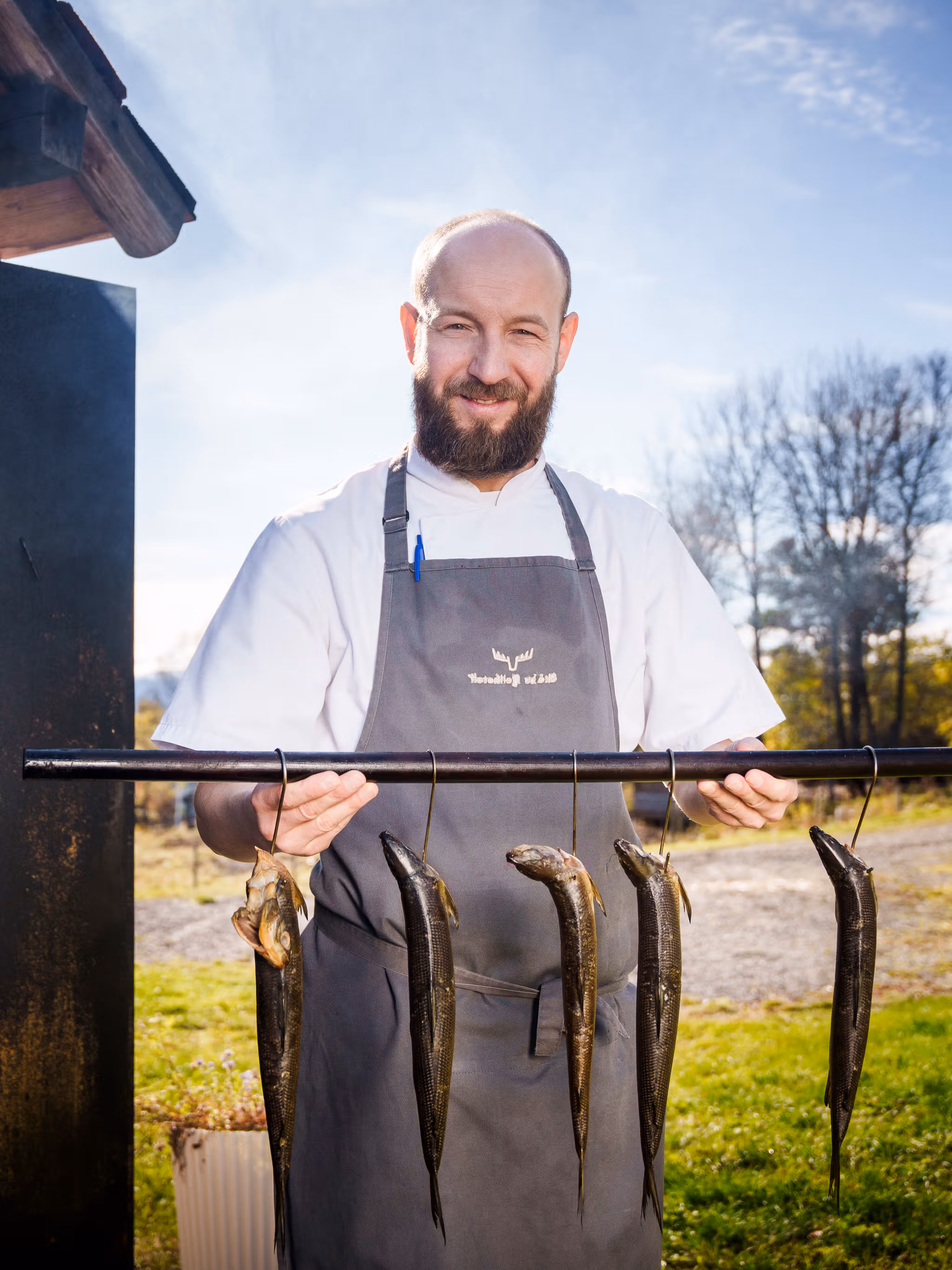 Chef Lukasz B. Socha outside of Skåbu fjellhotell, Skåbu Mountain Hotel.