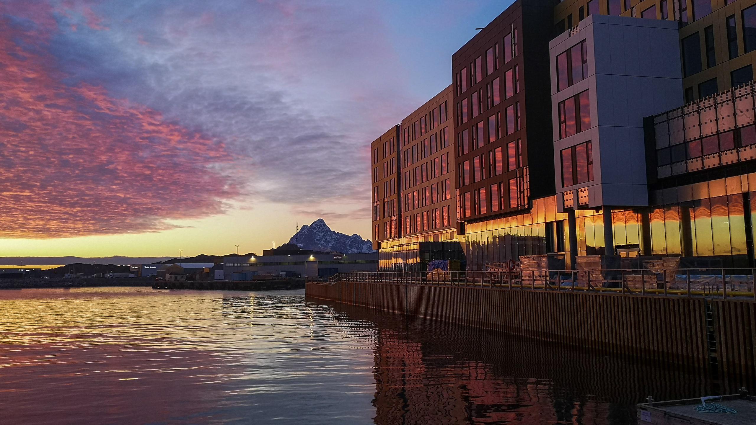 Sunset over the Thon Hotel in Svolvær in Northern Norway